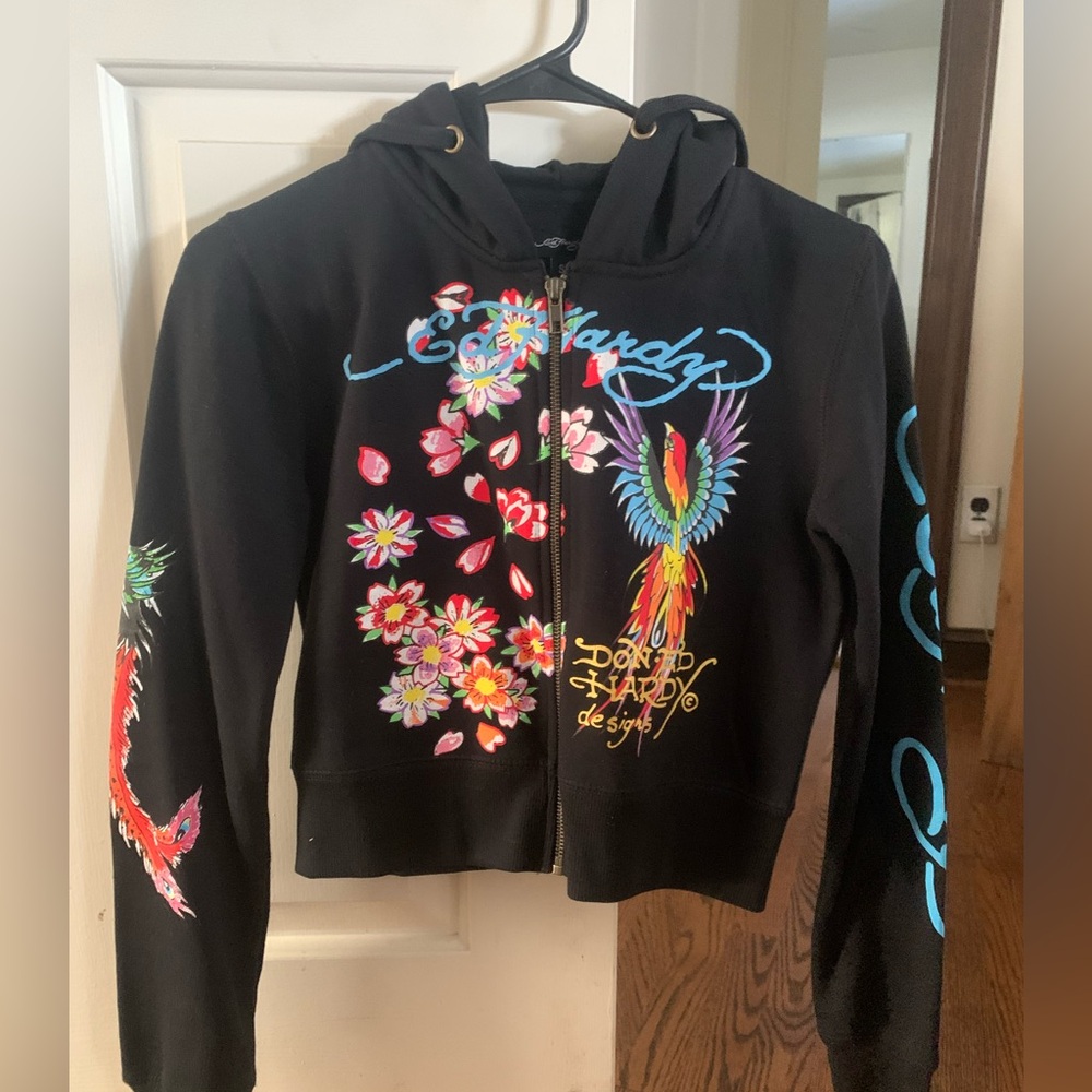 Don Ed Hardy black Phoenix design zip up hoodie Small